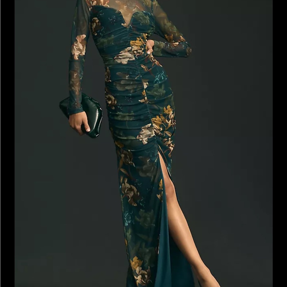 Black Halo Sheer Long-Sleeve Ruched Dress/Mother of Bride/ worn once